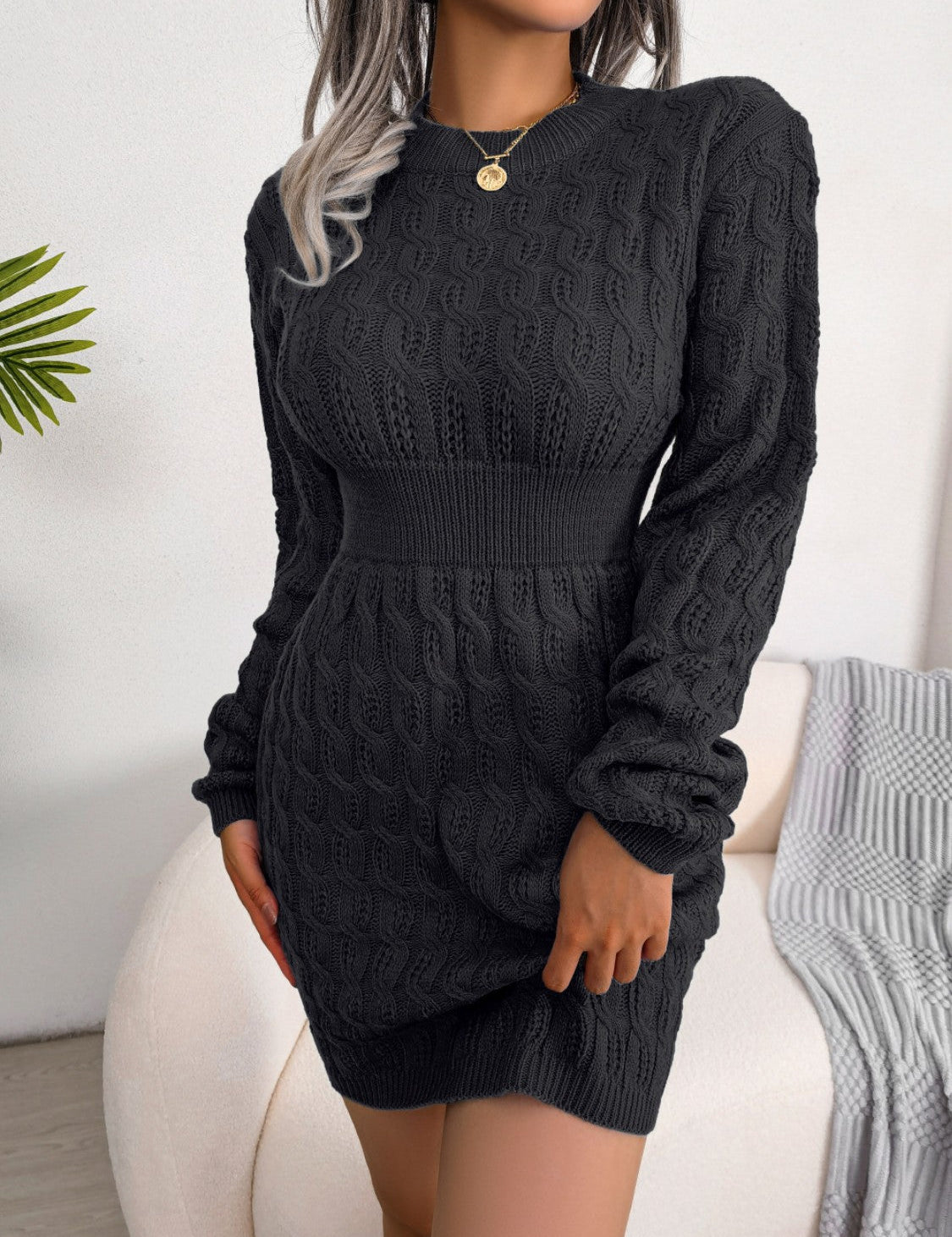 Cable - Knit Round Neck Mini Wrap Sweater Dress - Amara Luxe Fine Boutique