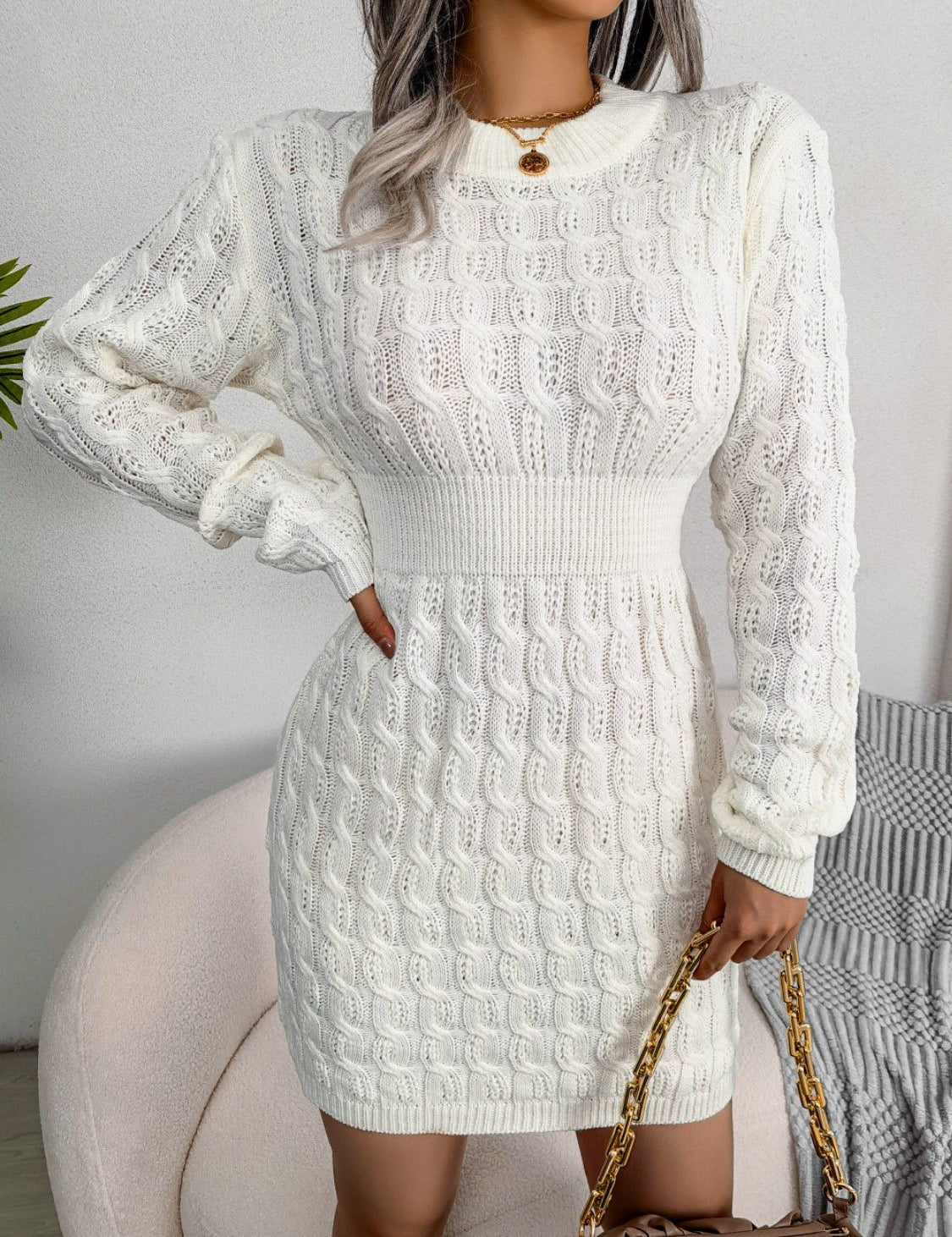 Cable - Knit Round Neck Mini Wrap Sweater Dress - Amara Luxe Fine Boutique