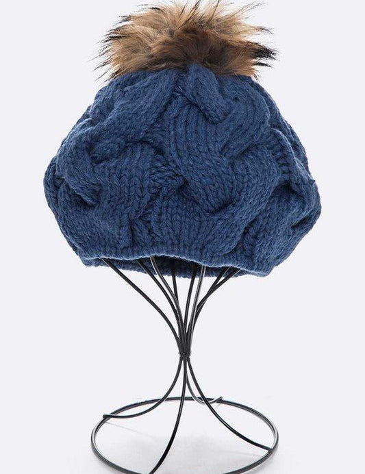 Cotton Cable Knit Large Fur Pom Beanie - Amara Luxe Fine Boutique