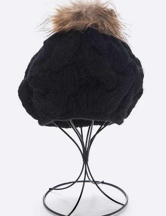 Cotton Cable Knit Large Fur Pom Beanie - Amara Luxe Fine Boutique