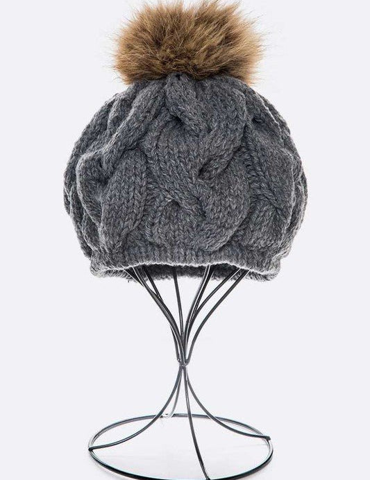 Cotton Cable Knit Large Fur Pom Beanie - Amara Luxe Fine Boutique