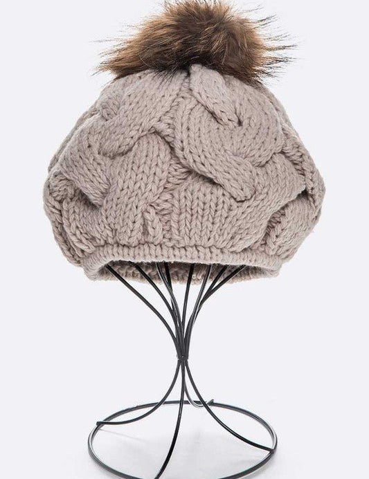 Cotton Cable Knit Large Fur Pom Beanie - Amara Luxe Fine Boutique