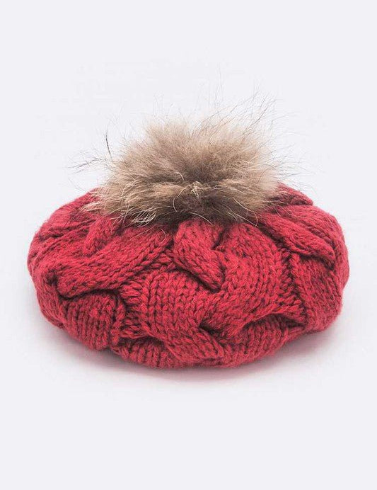 Cotton Cable Knit Large Fur Pom Beanie - Amara Luxe Fine Boutique