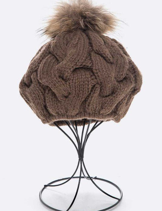 Cotton Cable Knit Large Fur Pom Beanie - Amara Luxe Fine Boutique