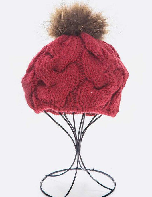 Cotton Cable Knit Large Fur Pom Beanie - Amara Luxe Fine Boutique