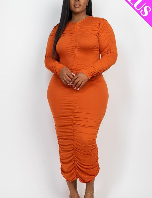 Curvy Plus Size Ruched Long Sleeve Midi Dress - Amara Luxe Fine Boutique