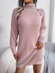 Decorative Button Turtleneck Sweater Dress - Amara Luxe Fine Boutique