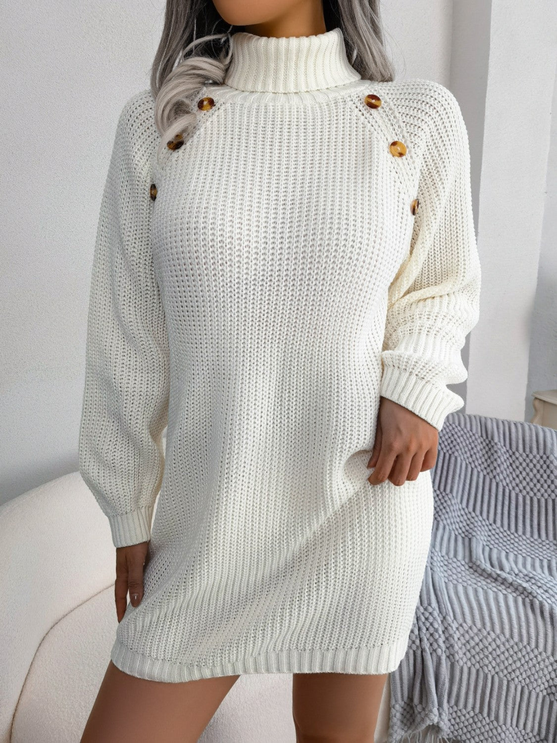 Decorative Button Turtleneck Sweater Dress - Amara Luxe Fine Boutique