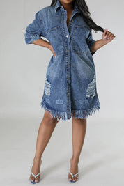 Distressed Raw Hem Button Up Denim Dress - Amara Luxe Fine Boutique