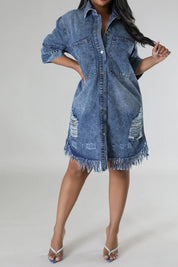 Distressed Raw Hem Button Up Denim Dress - Amara Luxe Fine Boutique