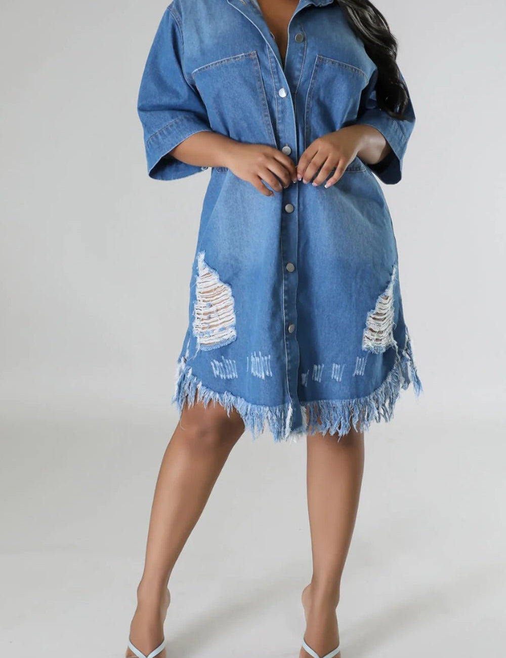 Distressed Raw Hem Button Up Denim Dress - Amara Luxe Fine Boutique