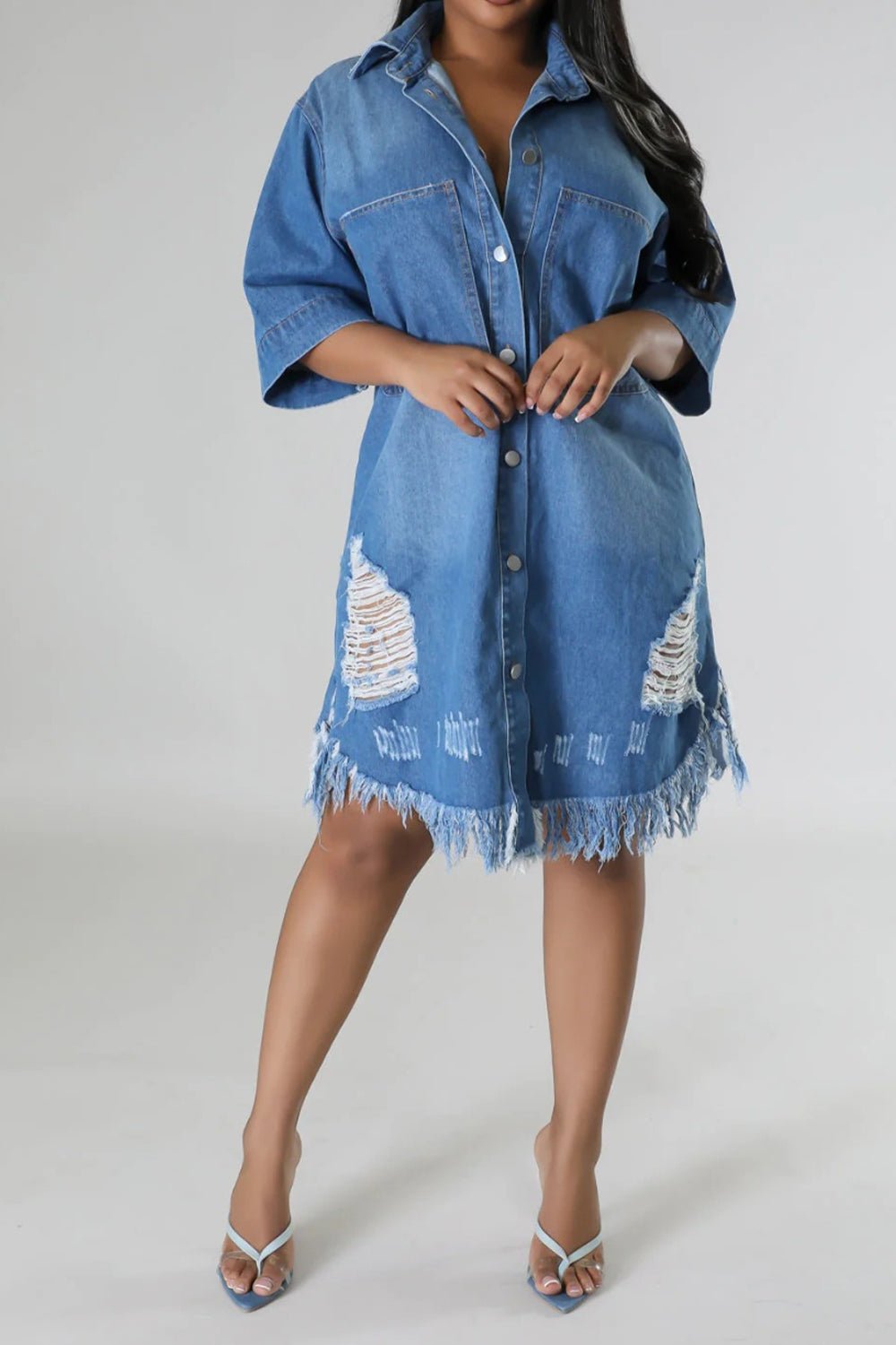 Distressed Raw Hem Button Up Denim Dress - Amara Luxe Fine Boutique