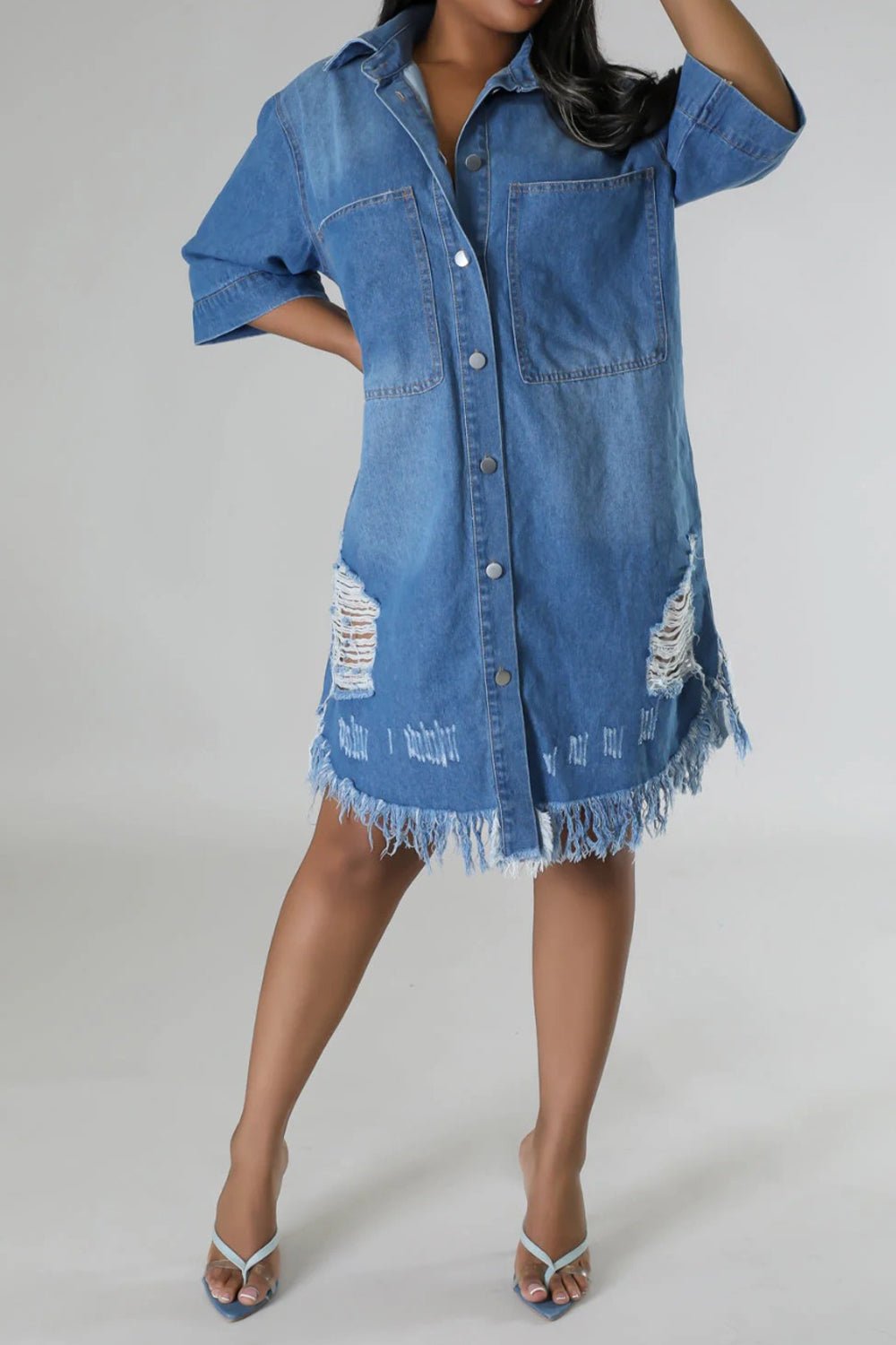 Distressed Raw Hem Button Up Denim Dress - Amara Luxe Fine Boutique