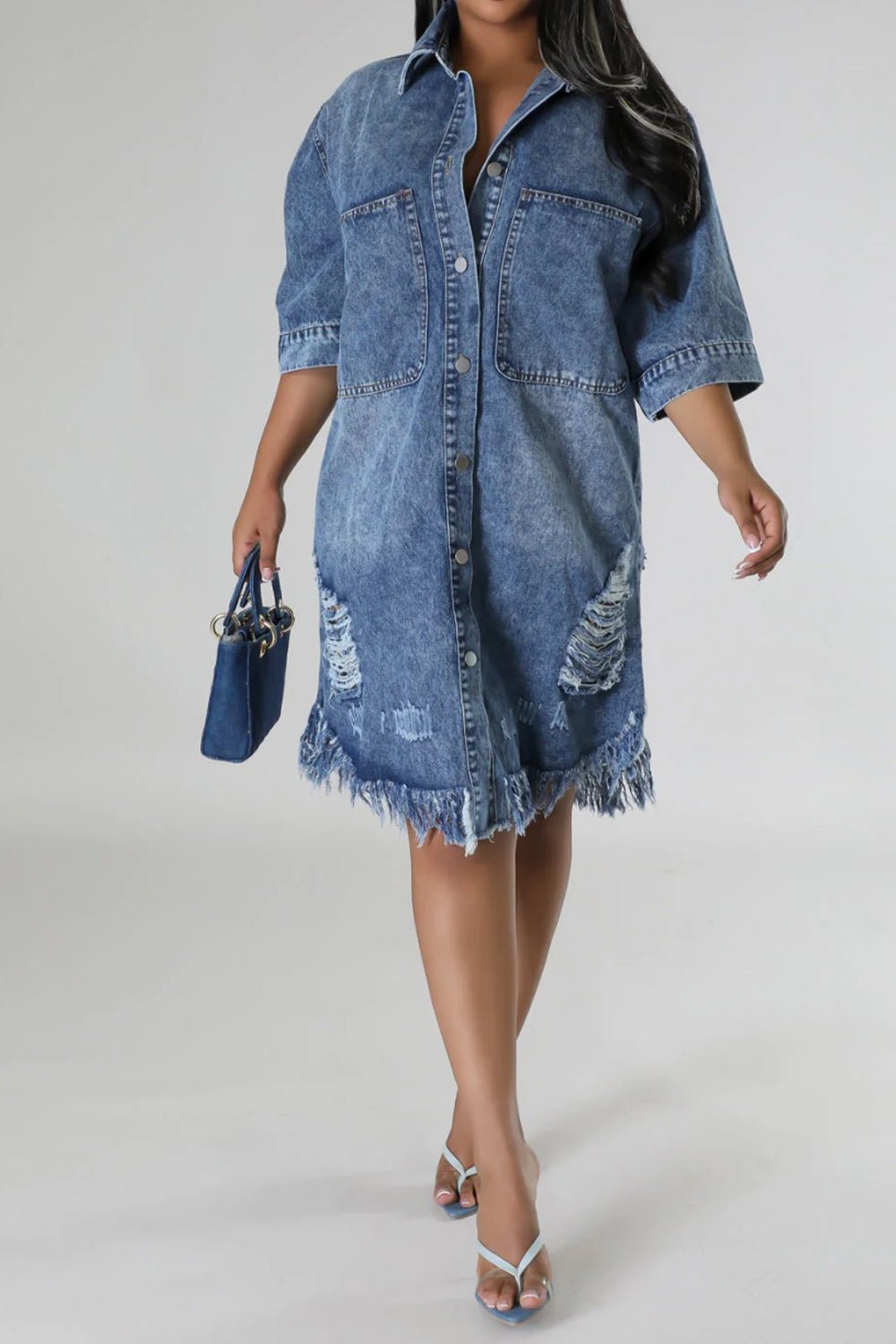 Distressed Raw Hem Button Up Denim Dress - Amara Luxe Fine Boutique