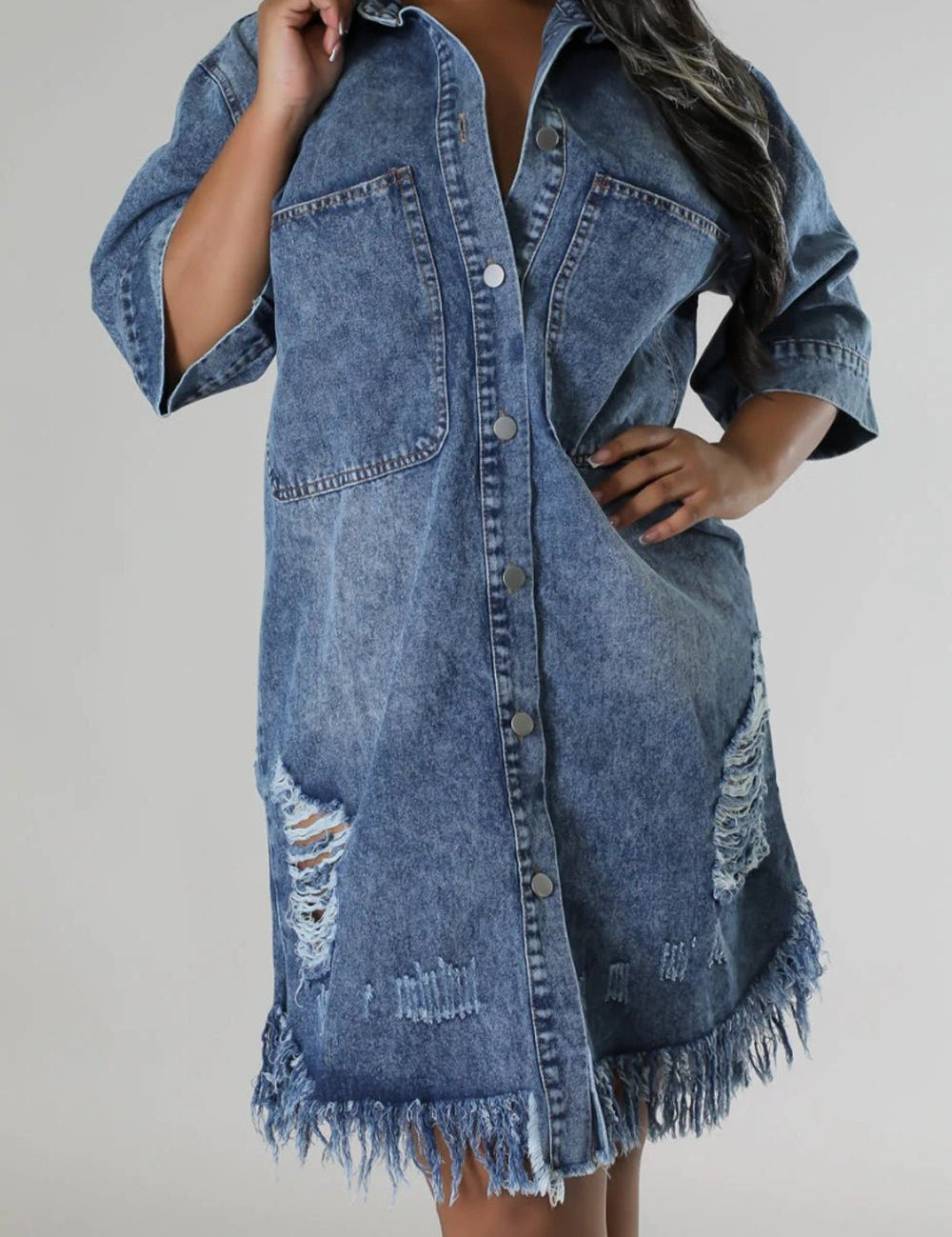 Distressed Raw Hem Button Up Denim Dress - Amara Luxe Fine Boutique