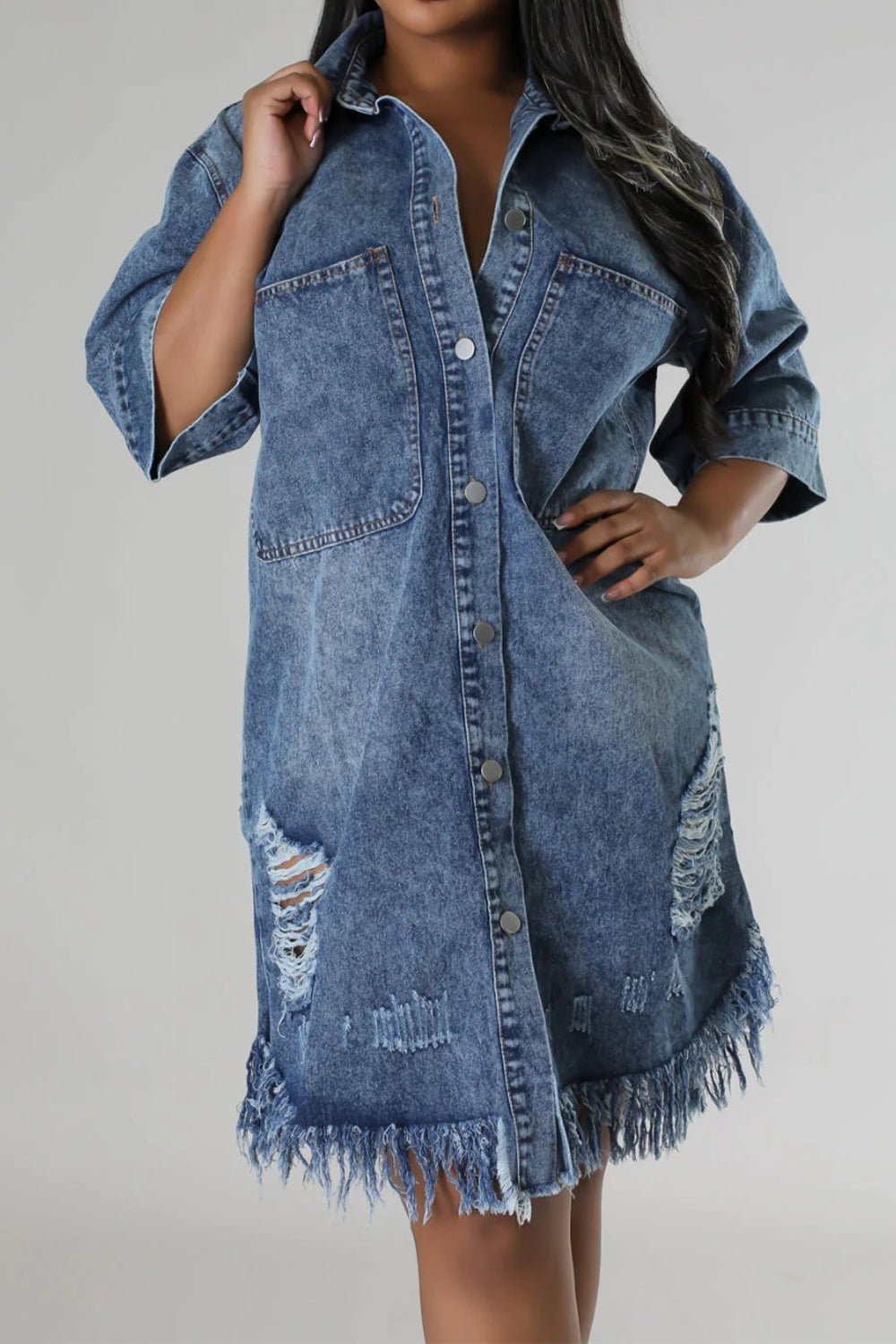 Distressed Raw Hem Button Up Denim Dress - Amara Luxe Fine Boutique