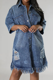 Distressed Raw Hem Button Up Denim Dress - Amara Luxe Fine Boutique