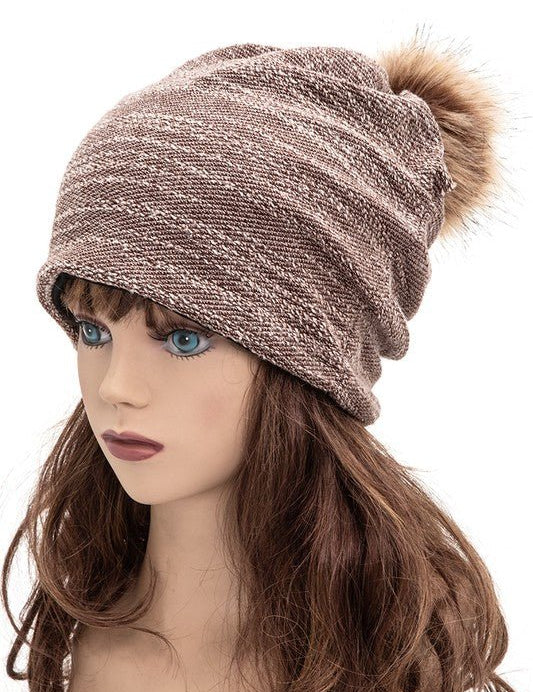 Faux Fur Pom Cotton Blend Slouchy Beanie - Amara Luxe Fine Boutique