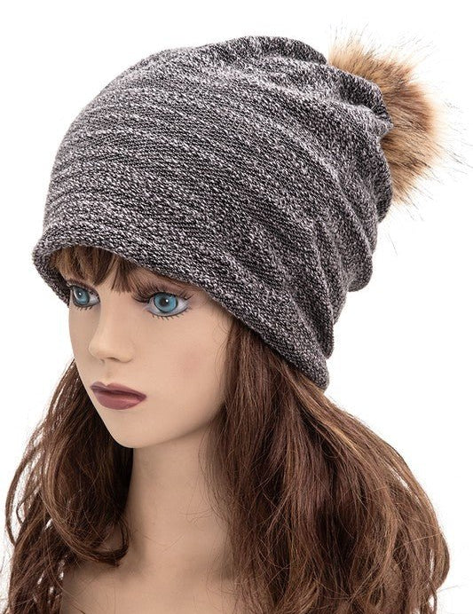 Faux Fur Pom Cotton Blend Slouchy Beanie - Amara Luxe Fine Boutique