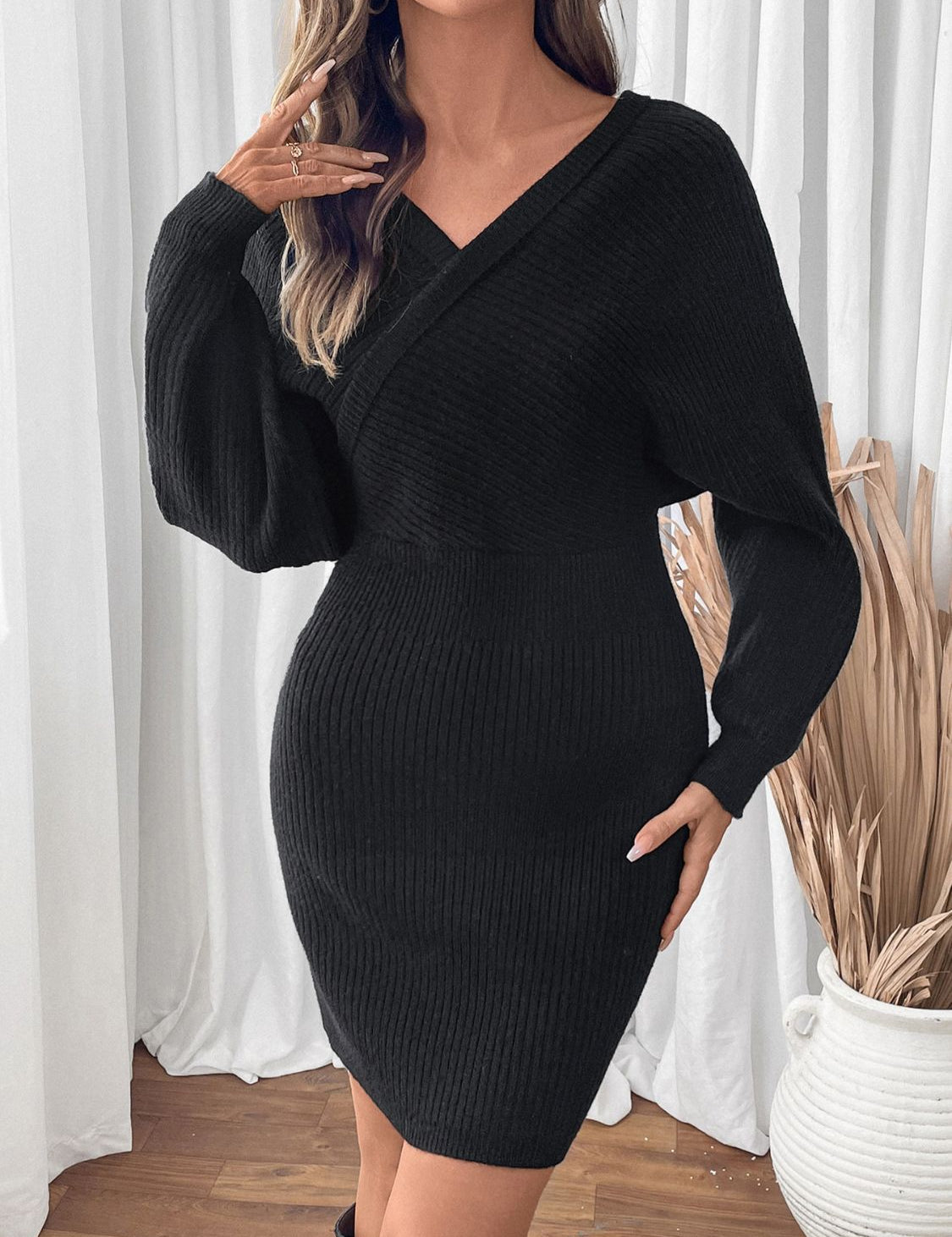 Perfee Surplice Long Sleeve Sweater Dress - Amara Luxe Fine Boutique