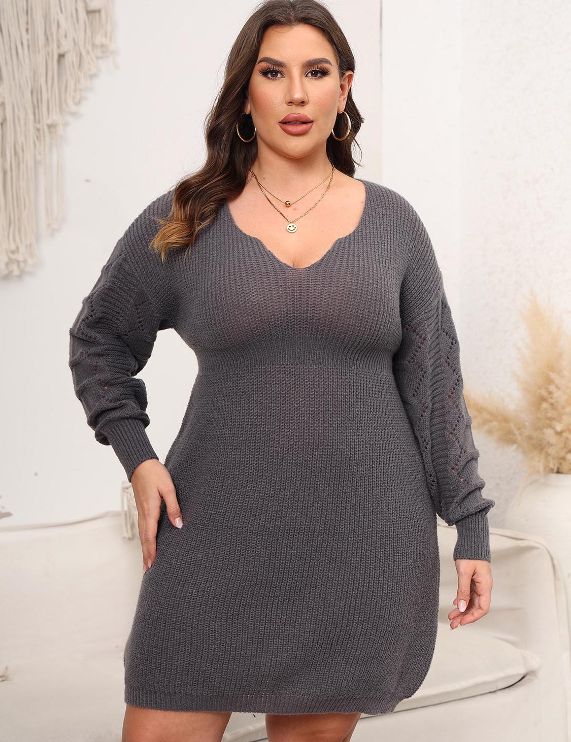 Plus Size Dropped Shoulder Long Sleeve Knit Mini Dress - Amara Luxe Fine Boutique