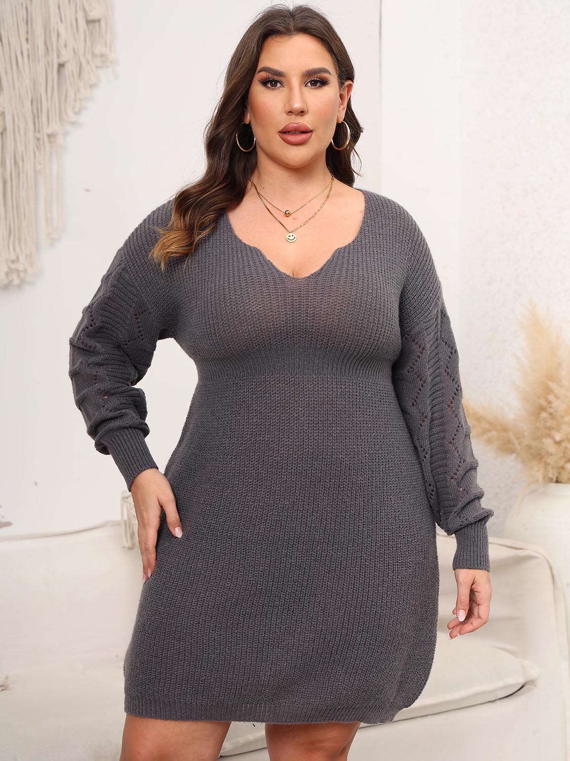 Plus Size Dropped Shoulder Long Sleeve Knit Mini Dress - Amara Luxe Fine Boutique