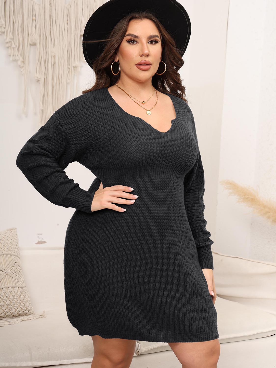 Plus Size Dropped Shoulder Long Sleeve Knit Mini Dress - Amara Luxe Fine Boutique