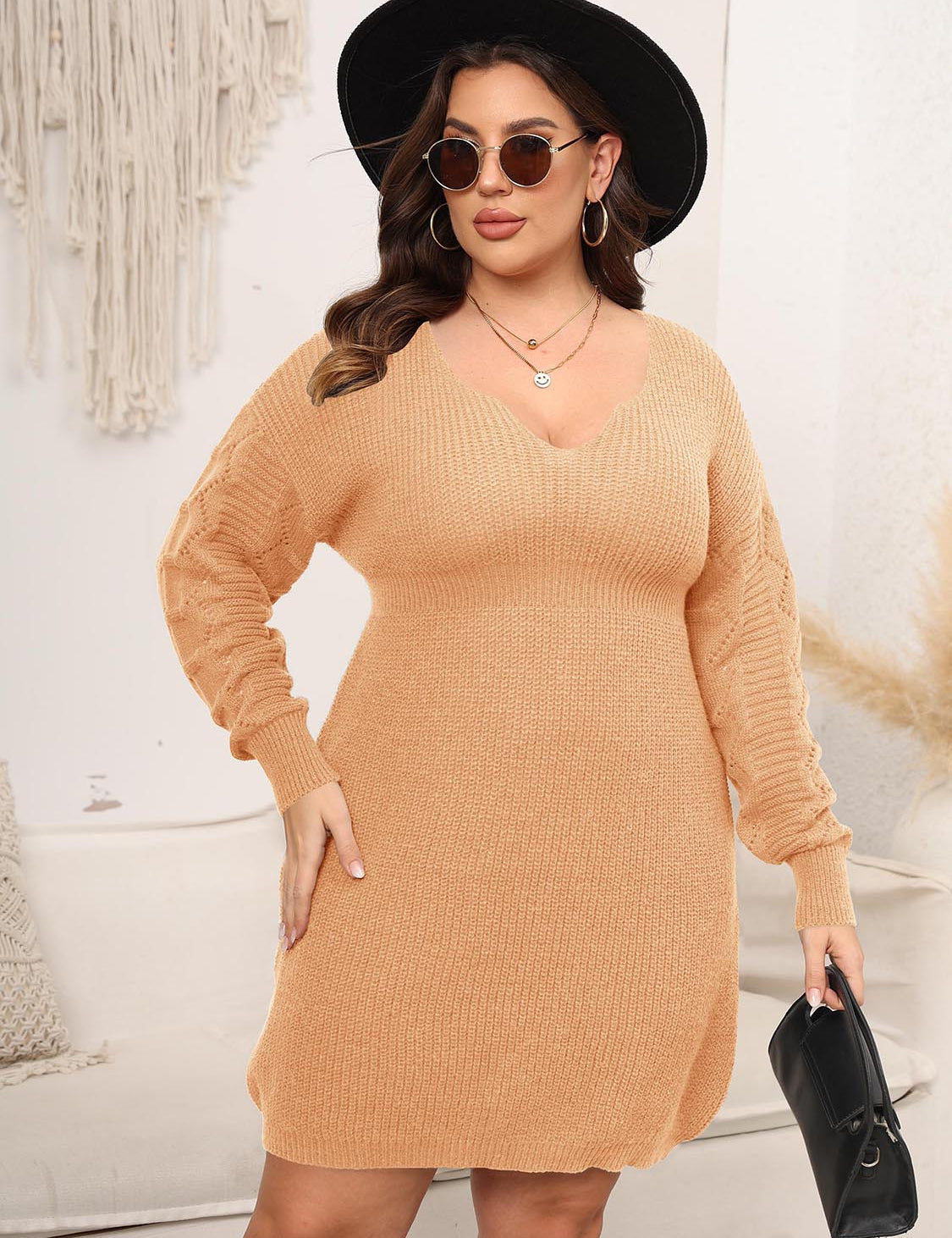 Plus Size Dropped Shoulder Long Sleeve Knit Mini Dress - Amara Luxe Fine Boutique