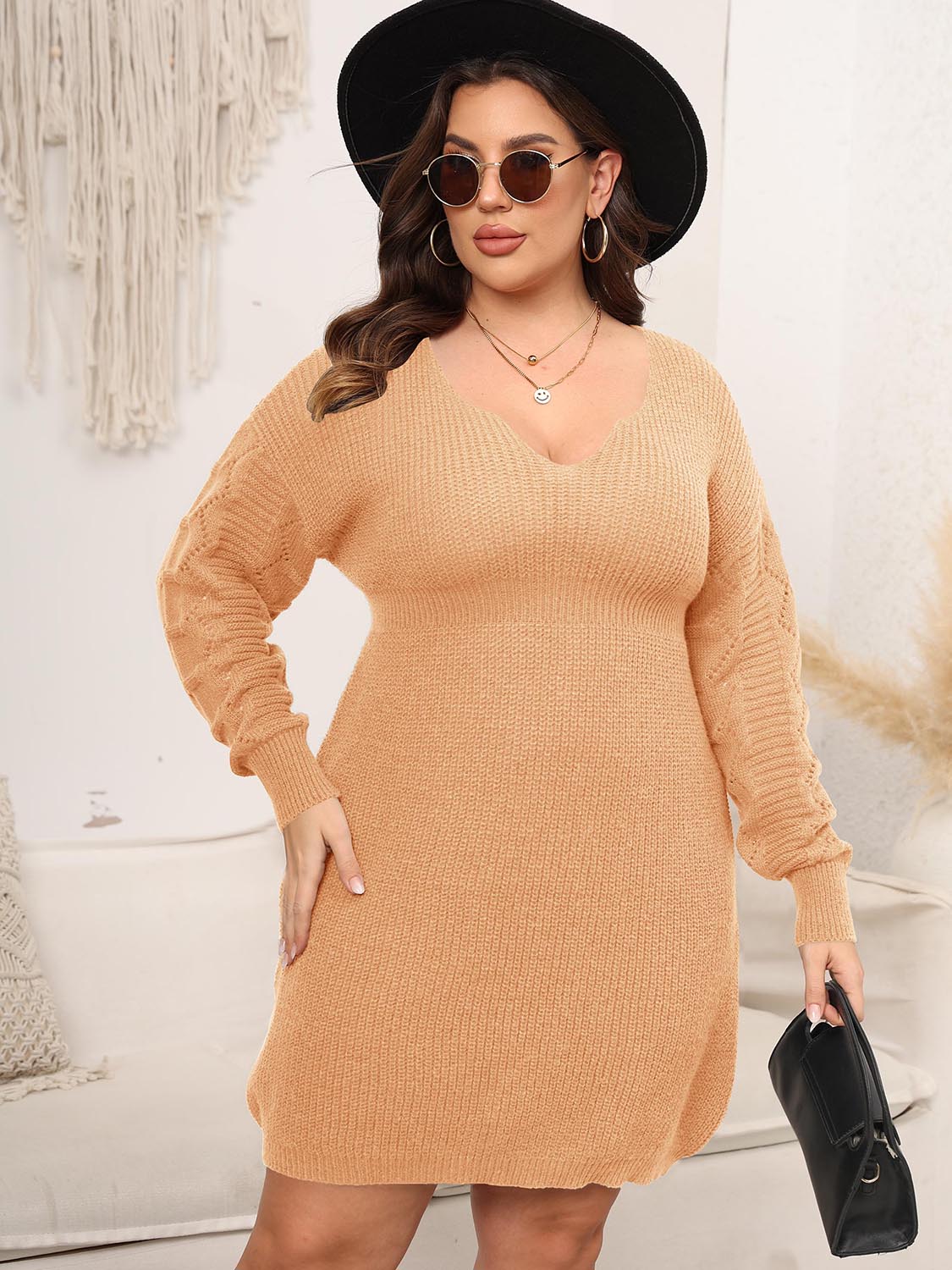 Plus Size Dropped Shoulder Long Sleeve Knit Mini Dress - Amara Luxe Fine Boutique