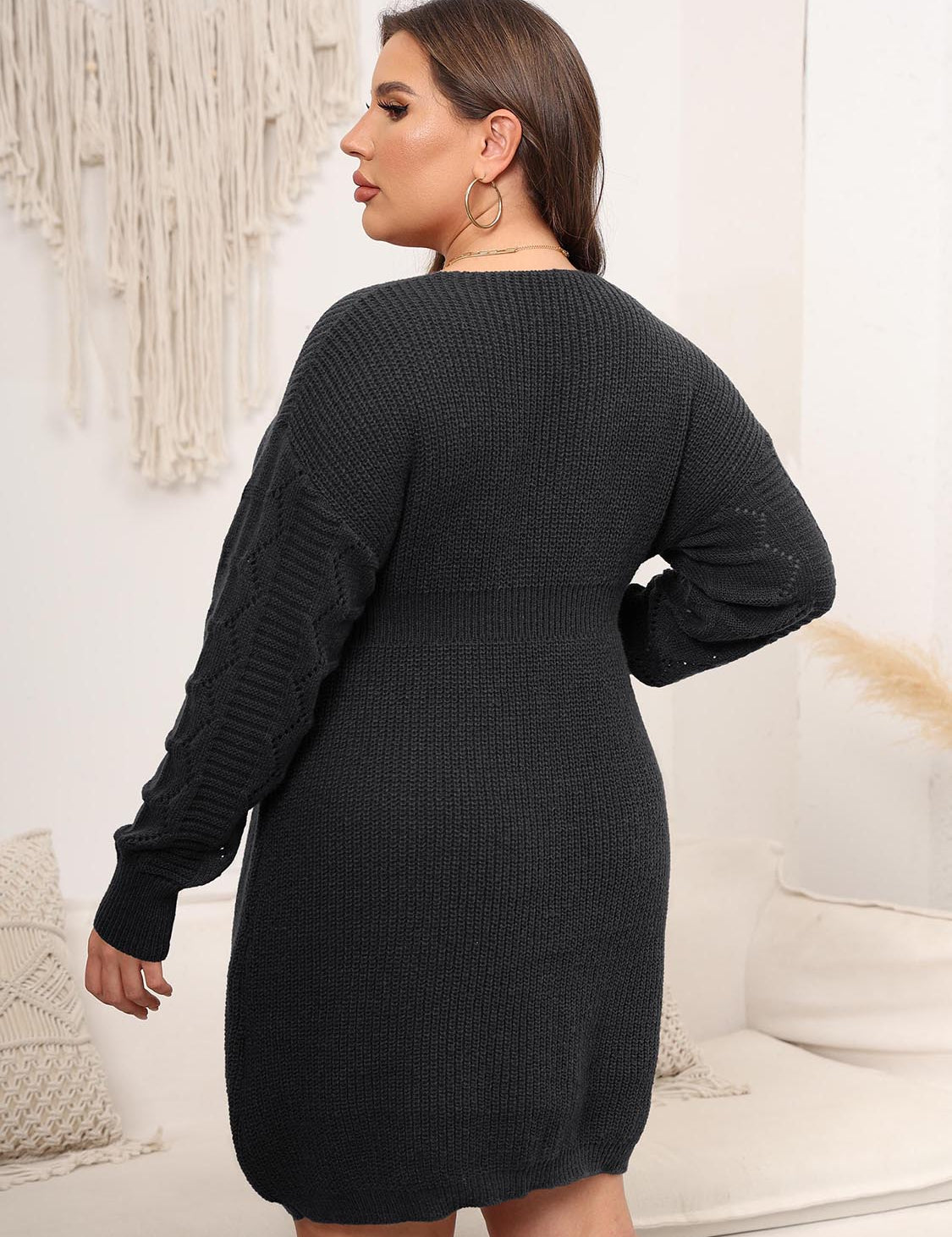 Plus Size Dropped Shoulder Long Sleeve Knit Mini Dress - Amara Luxe Fine Boutique