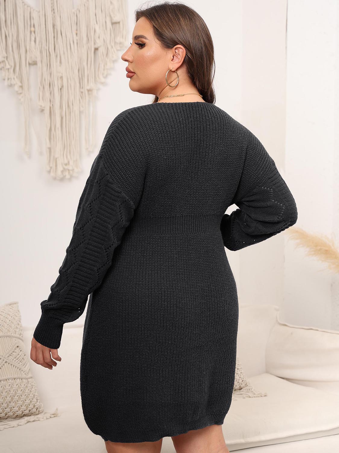 Plus Size Dropped Shoulder Long Sleeve Knit Mini Dress - Amara Luxe Fine Boutique