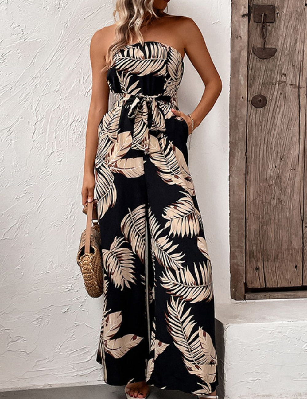 Printed Strapless Wide Leg Jumpsuit with Pockets - Amara Luxe Fine Boutique