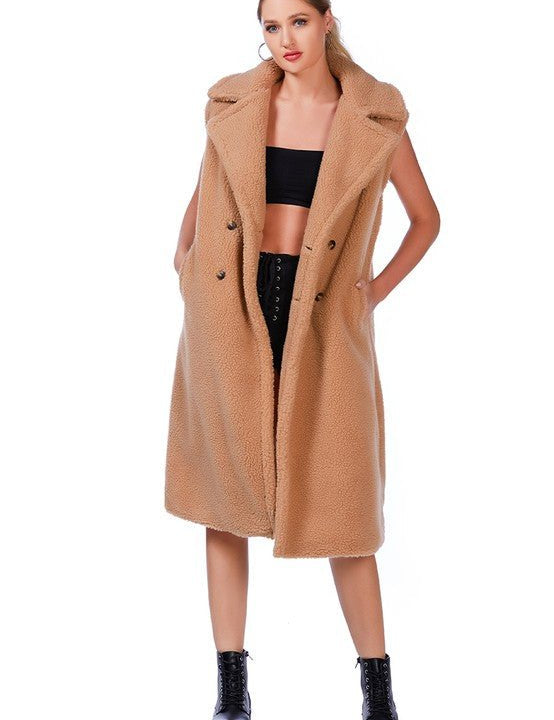 Sleeveless Double Breasted Teddy Coat - Amara Luxe Fine Boutique