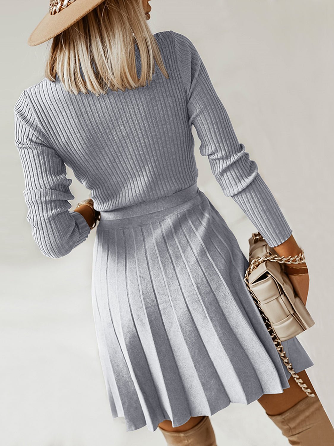 Surplice Neck Tie Front Pleated Sweater Dress - Amara Luxe Fine Boutique