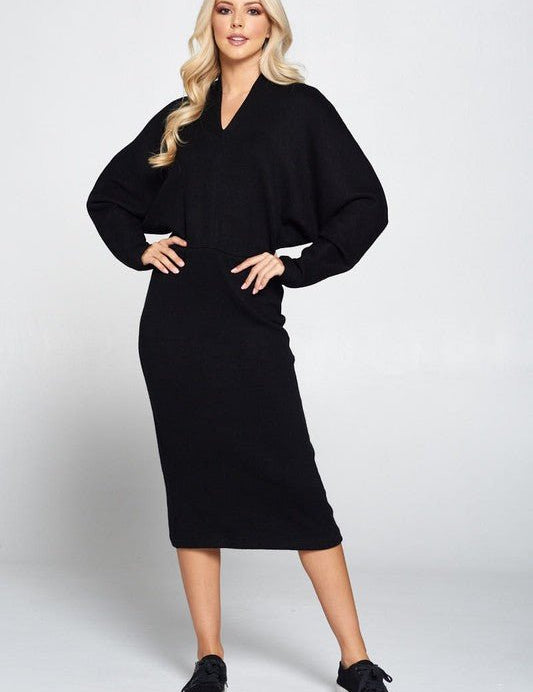 Sweater Knit Dolman Sleeve Midi Dress - Amara Luxe Fine Boutique