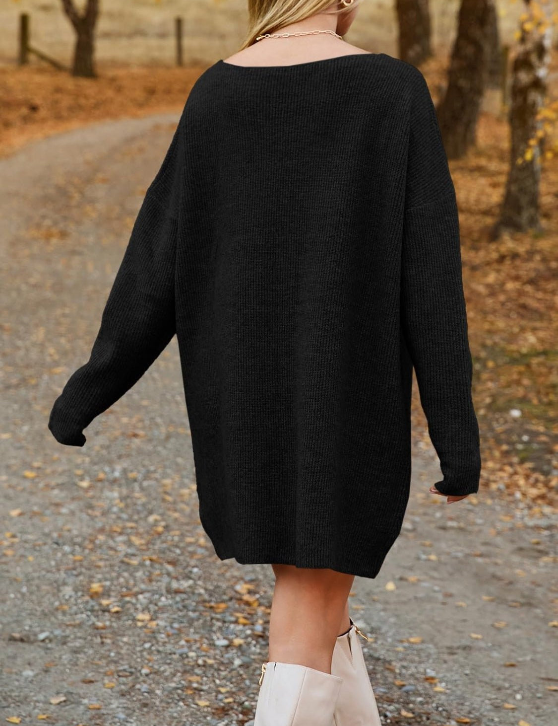 V - Neck Dropped Shoulder Sweater Dress - Amara Luxe Fine Boutique