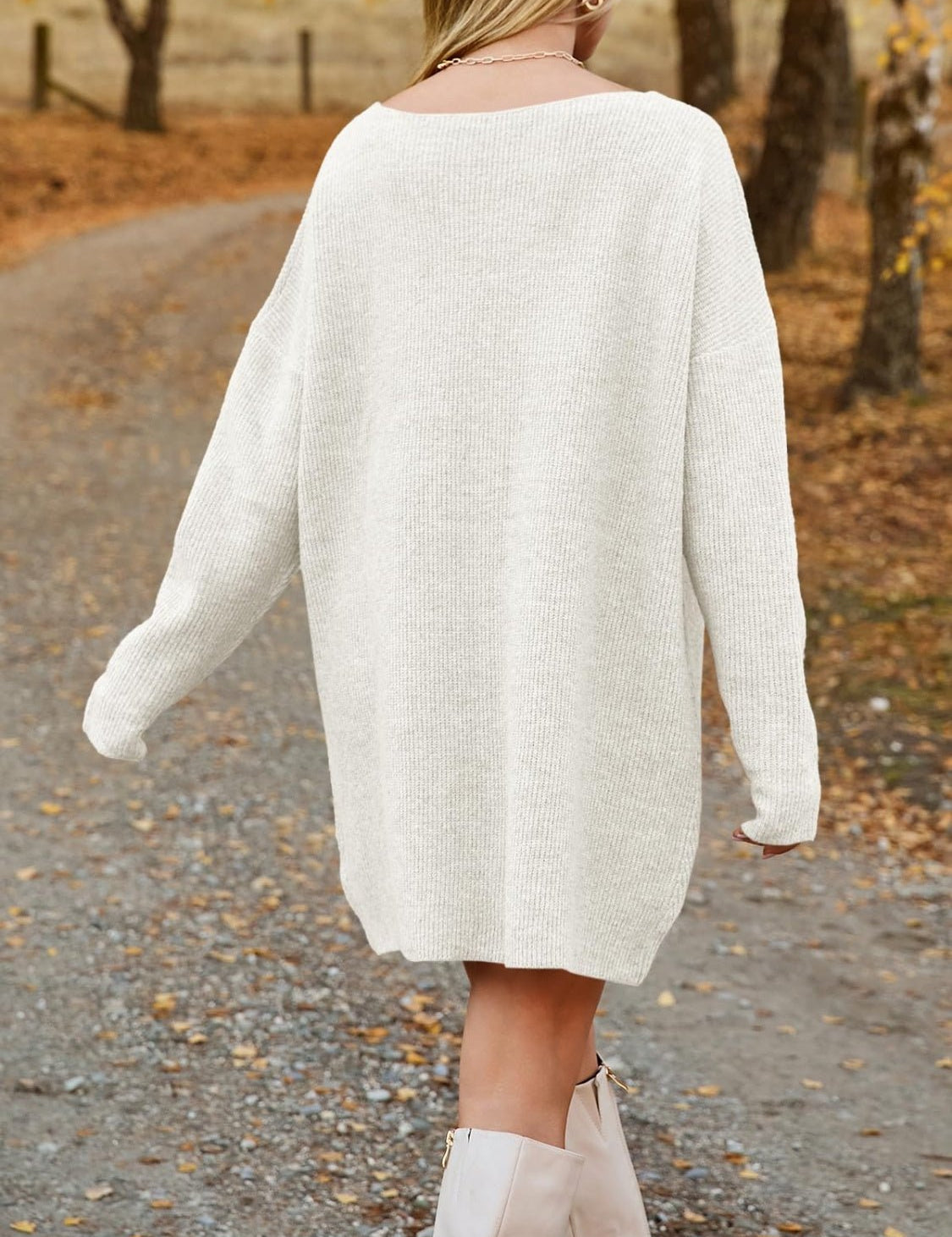 V - Neck Dropped Shoulder Sweater Dress - Amara Luxe Fine Boutique