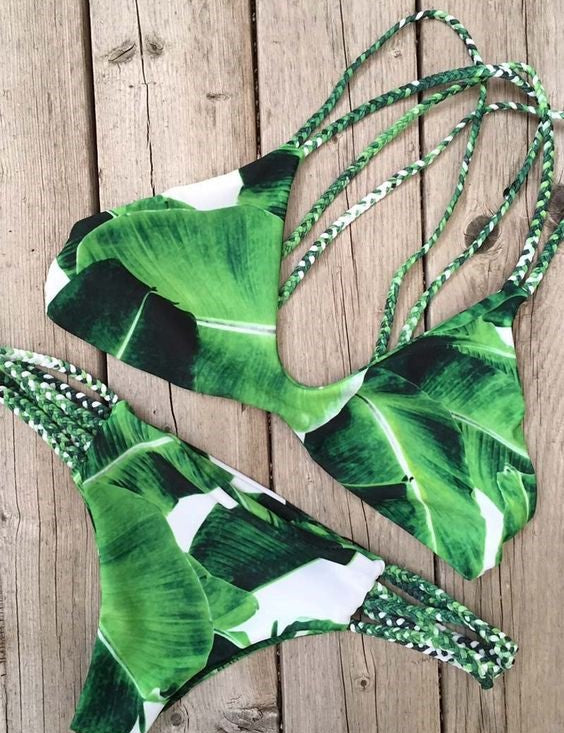 2021 New Leaf Pattern Bikini Set Swimwear Bathing Suit Braided rope Swimsuit - Amara Luxe Fine Boutique