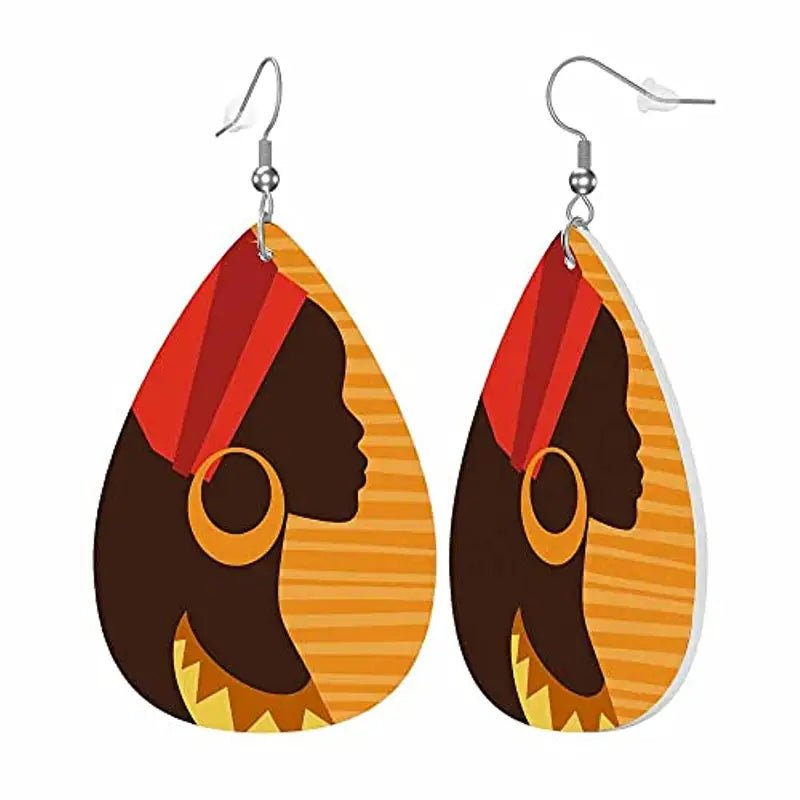 African Girl Silhouette PU Leather Earrings Red Hat Female Characteristics Gifts For Women Girls - Amara Luxe Fine Boutique