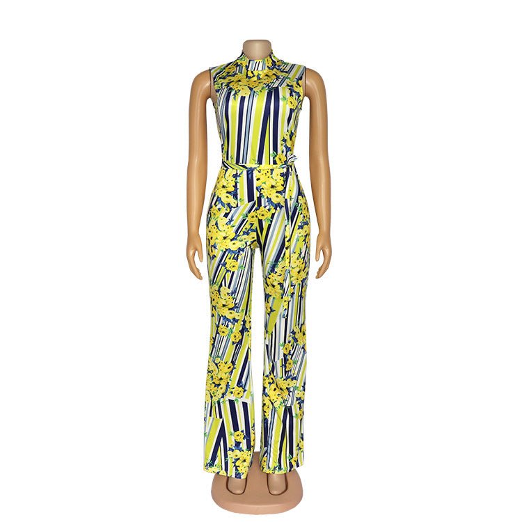 African Women's Jumpsuit Digital Printed High Stretch Sleeveless Wide Leg High Waist Jumpsuit Belt - Amara Luxe Fine Boutique