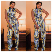African Women's Jumpsuit Digital Printed High Stretch Sleeveless Wide Leg High Waist Jumpsuit Belt - Amara Luxe Fine Boutique