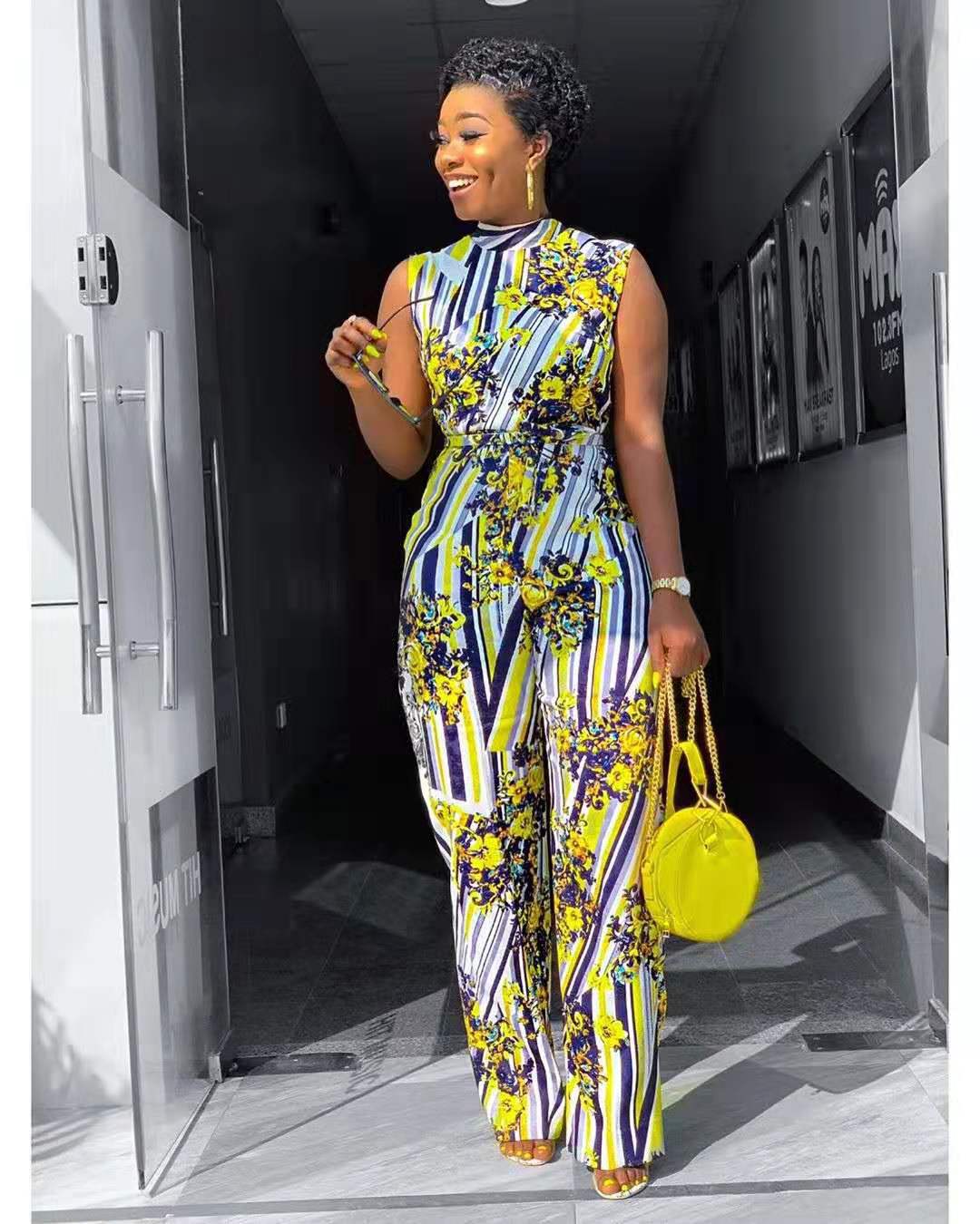 African Women's Jumpsuit Digital Printed High Stretch Sleeveless Wide Leg High Waist Jumpsuit Belt - Amara Luxe Fine Boutique