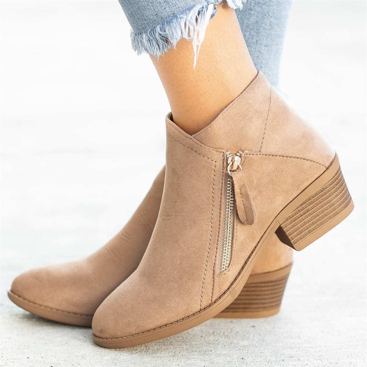 Ankle Boots For Women Low Heels Side Zipper Shoes - Amara Luxe Fine Boutique