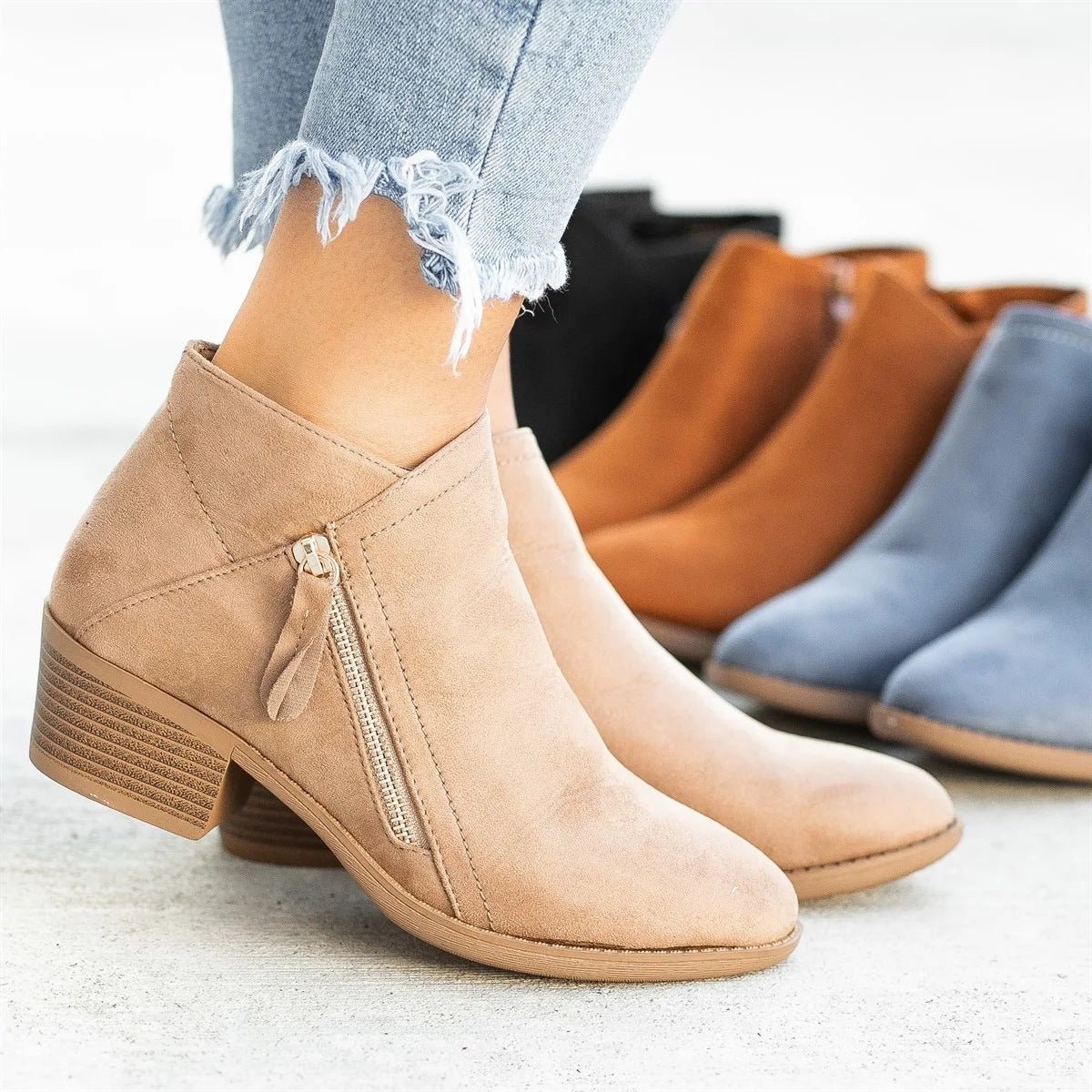 Ankle Boots For Women Low Heels Side Zipper Shoes - Amara Luxe Fine Boutique