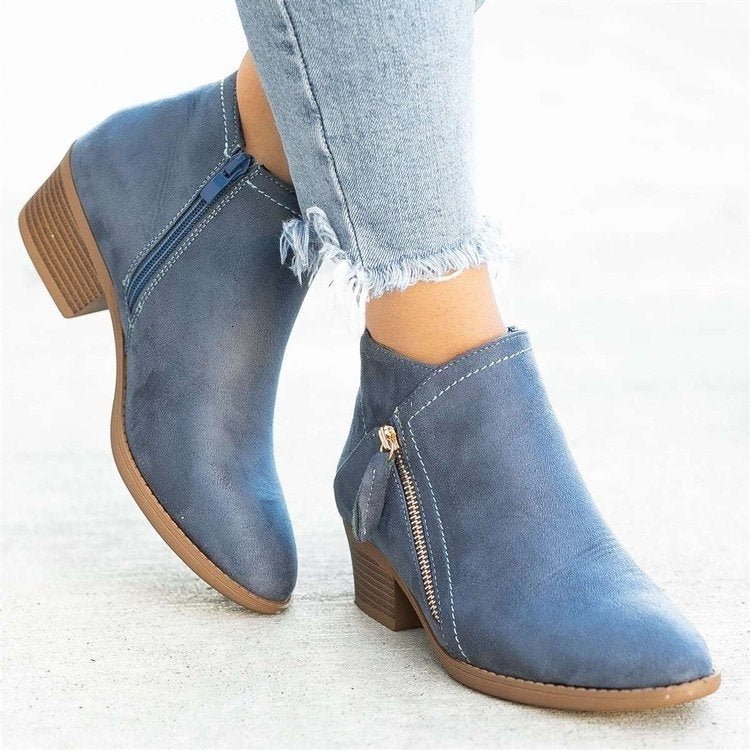 Ankle Boots For Women Low Heels Side Zipper Shoes - Amara Luxe Fine Boutique