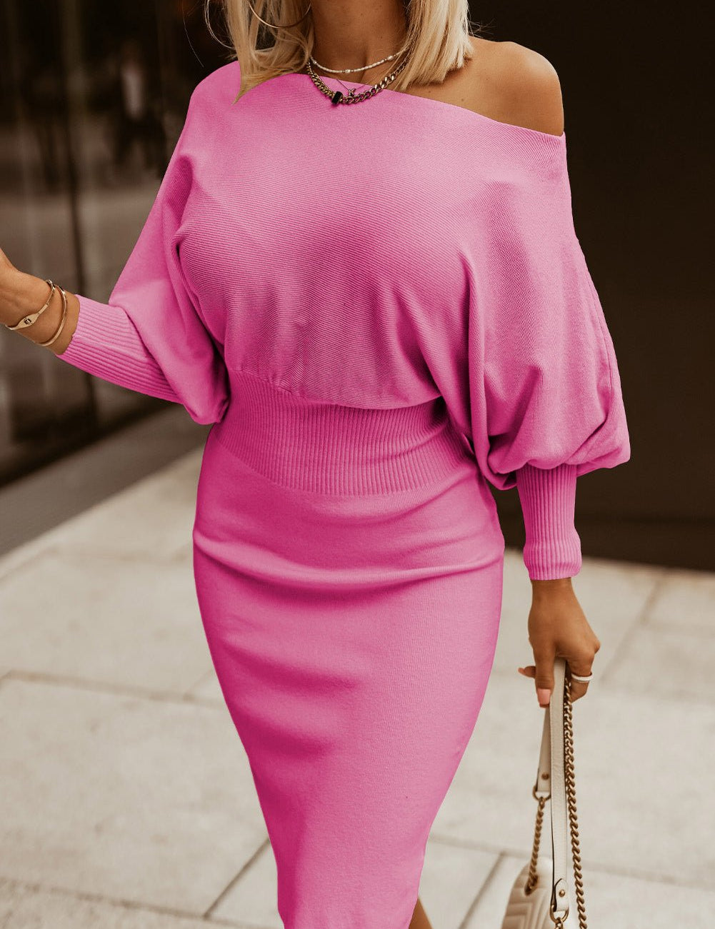 Boat Neck Lantern Sleeve Sweater Dress - Amara Luxe Fine Boutique
