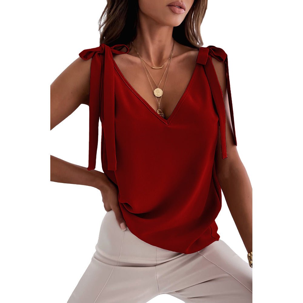 Bowknot Tie Up Camisole V-neck Shirts Women Summer Sleeveless Tank Tops - Amara Luxe Fine Boutique