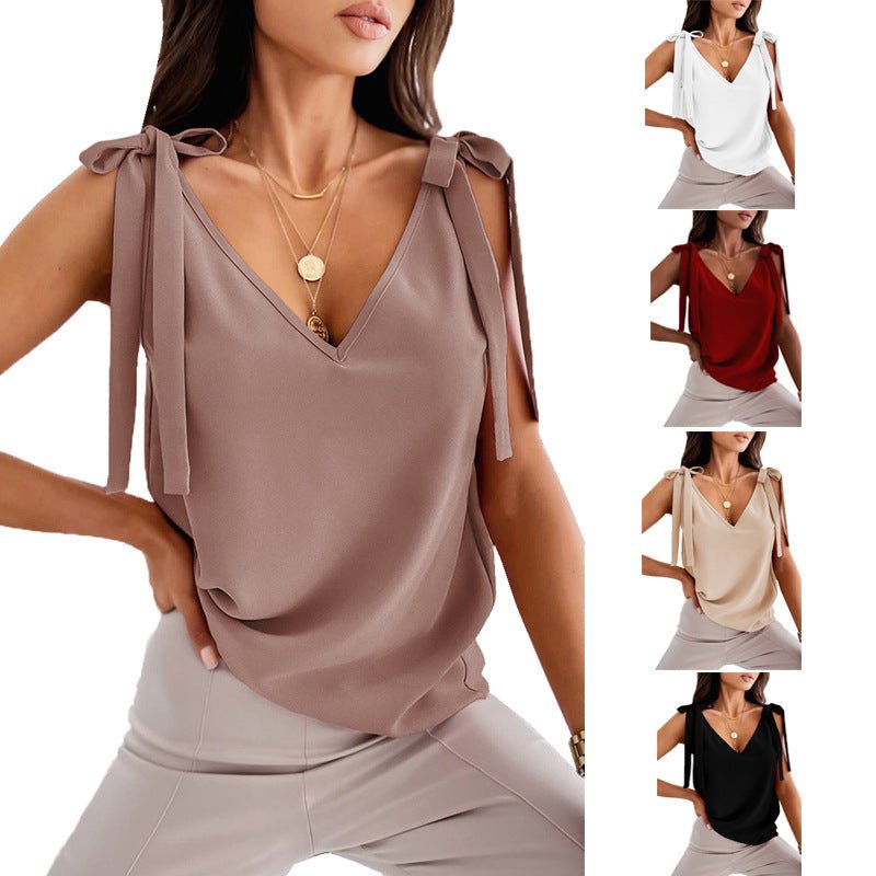 Bowknot Tie Up Camisole V-neck Shirts Women Summer Sleeveless Tank Tops - Amara Luxe Fine Boutique