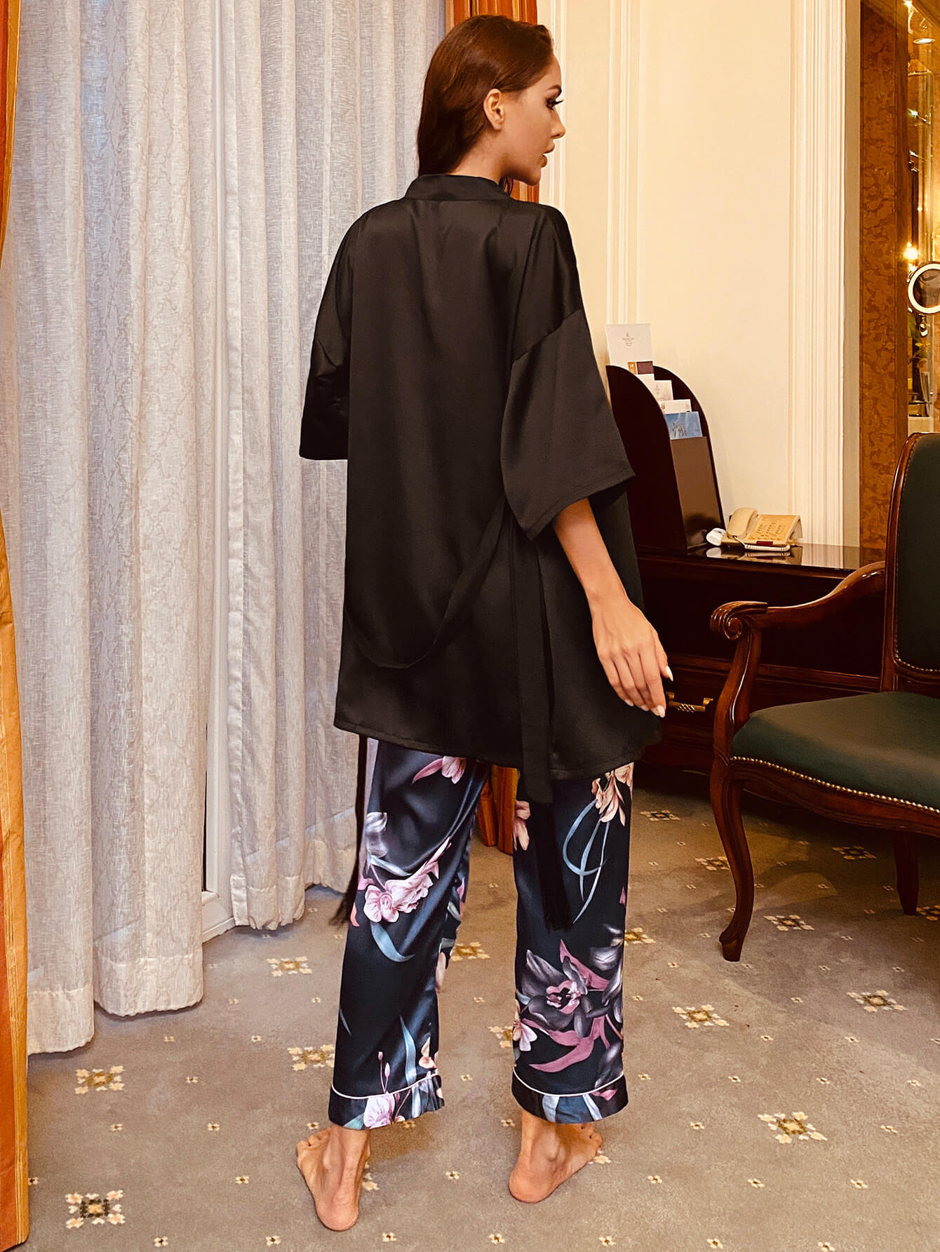 Cami, Robe, and Printed Pants Pajama Set - Amara Luxe Fine Boutique