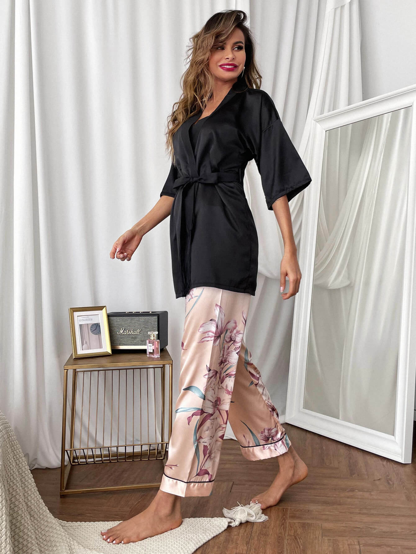 Cami, Robe, and Printed Pants Pajama Set - Amara Luxe Fine Boutique